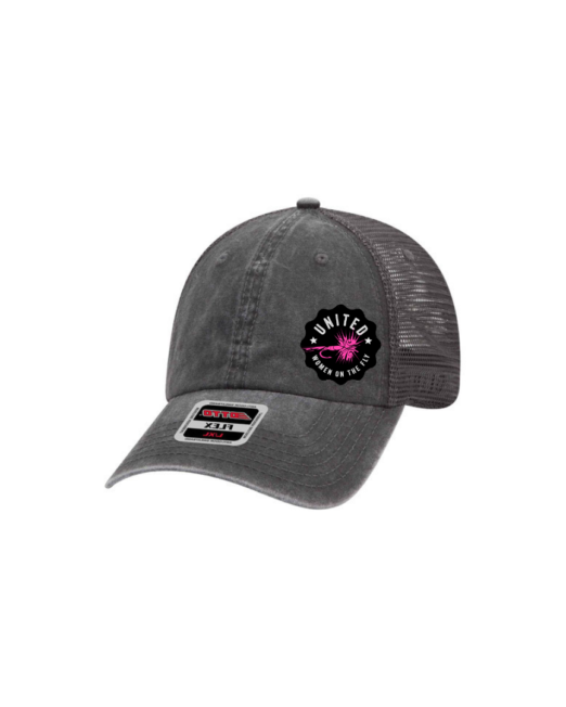 Black and Gray OTTO FLEX 6 Panel Low Profile Mesh Back Trucker Hat - United Women on the Fly Pink Logo - Front