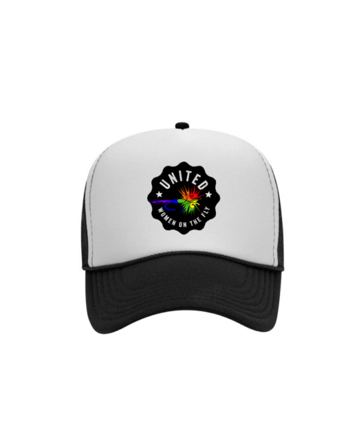 Black and White Foam United Women on the Fly Trucker Hat - Rainbow Logo - Front View
