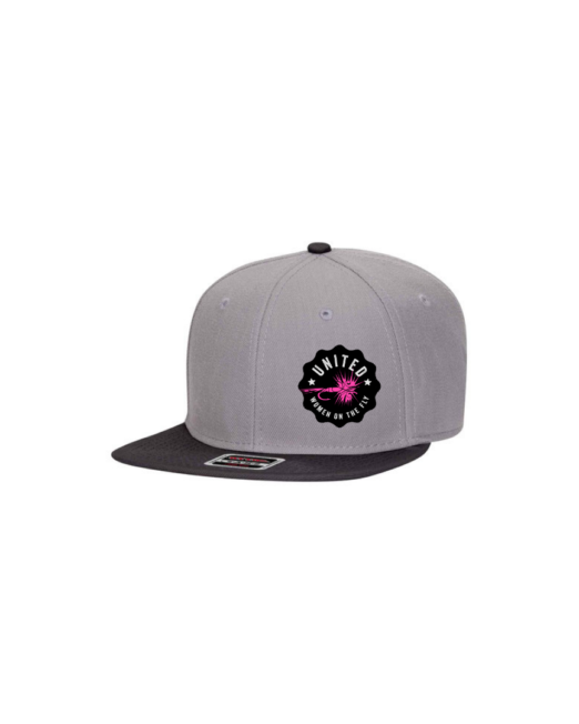 Black-Gray 6 Panel Mid Profile Snapback Hat - Flat Bill - United Women on the Fly Pink Fly - Front
