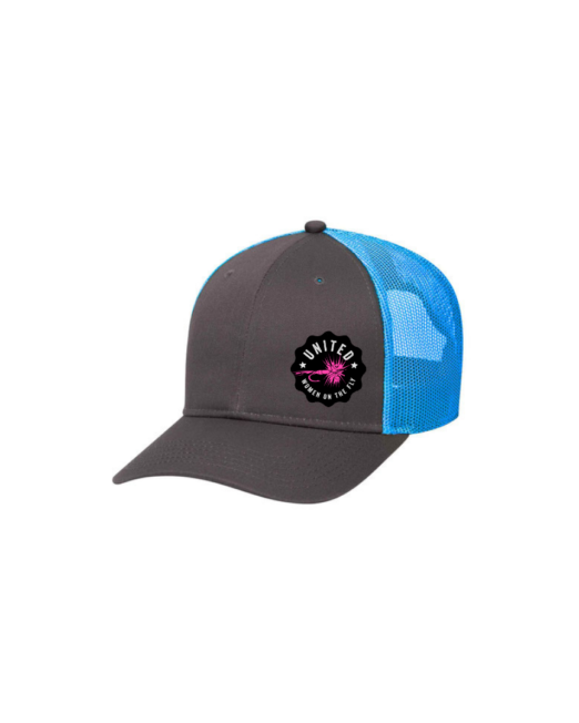 Blue 6 Panel Low Profile Structured Mesh Back Trucker Hat with United Women on the Fly Pink Logo - Front