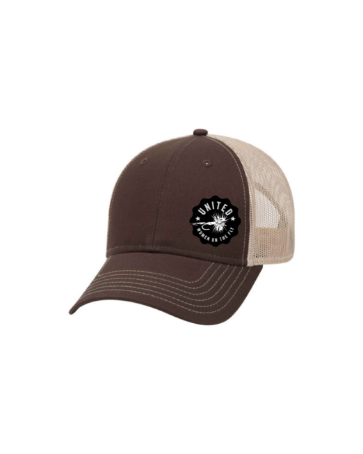 Brown 6 Panel Low Profile Structured Mesh Back Trucker Hat with United Women on the Fly White Logo - Front