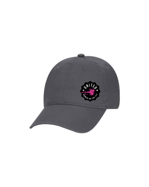 Charcoal Gray 6 Panel Low Profile Unstructured Dad Hat - United Women on the Fly Pink Logo - Front