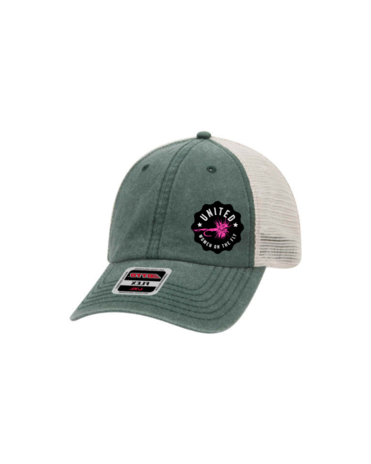 Dark Green OTTO FLEX 6 Panel Low Profile Mesh Back Trucker Hat - United Women on the Fly Pink Logo - Front