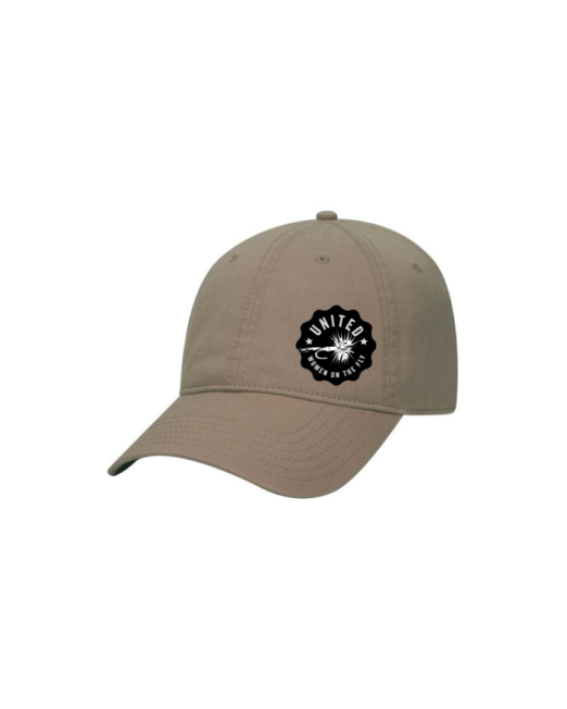 Dark Khaki 6 Panel Low Profile Unstructured Dad Hat - United Women on the Fly White Logo - Front