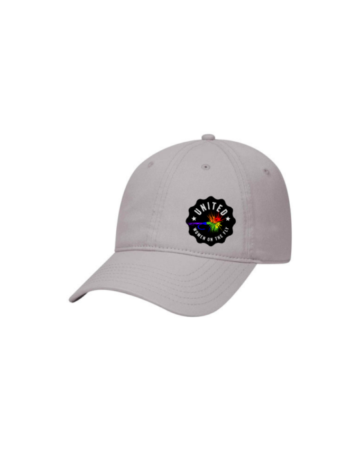 Gray 6 Panel Low Profile Unstructured Dad Hat - United Women on the Fly Rainbow Logo - Front