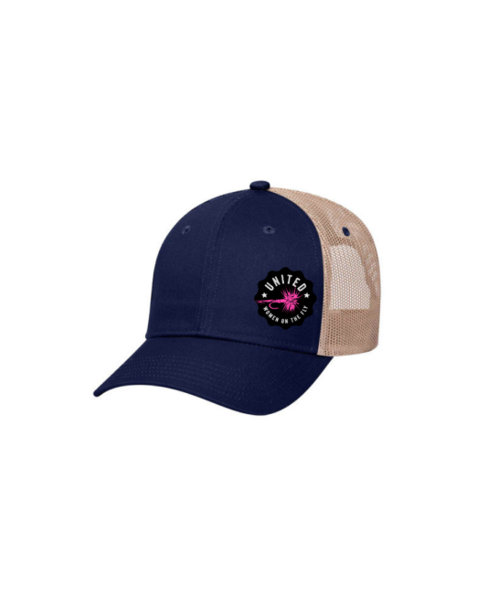 Navy 6 Panel Low Profile Structured Mesh Back Trucker Hat with United Women on the Fly Pink Logo - Front