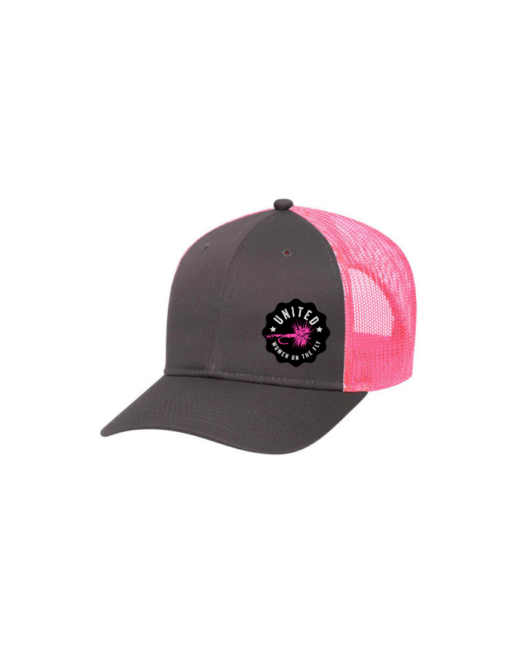 Pink 6 Panel Low Profile Structured Mesh Back Trucker Hat with United Women on the Fly Pink Logo - Front