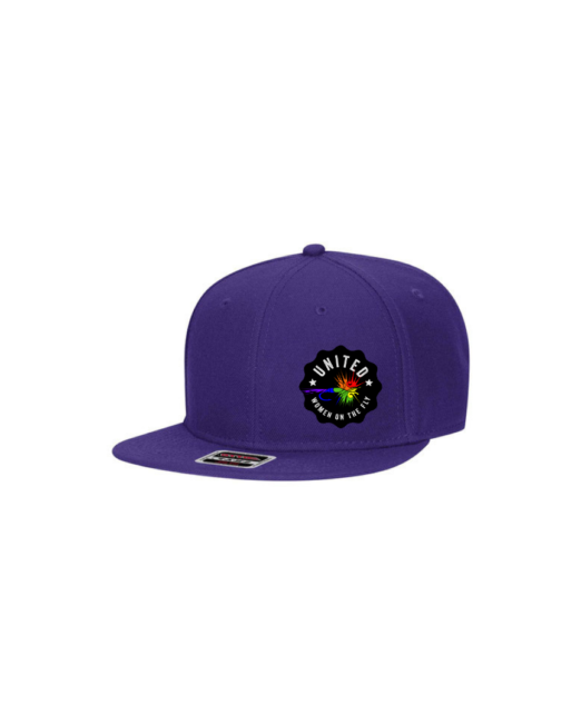 Purple 6 Panel Mid Profile Snapback Hat - Flat Bill - United Women on the Fly Rainbow Fly - Front