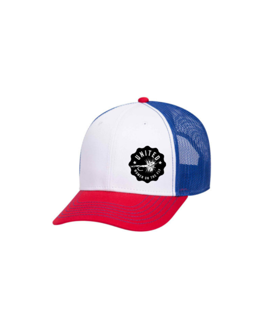 Red White and Blue 6 Panel Low Profile Structured Mesh Back Trucker Hat with United Women on the Fly White Logo - Front