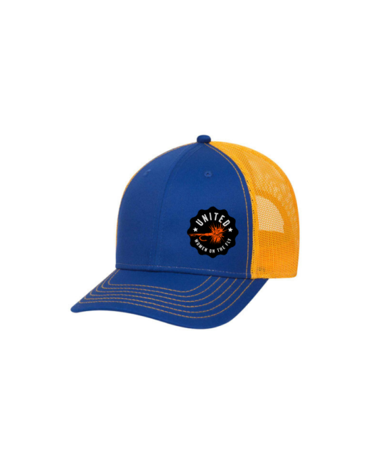Royal Blue and Gold 6 Panel Low Profile Structured Mesh Back Trucker Hat with United Women on the Fly White Orange Logo - Front