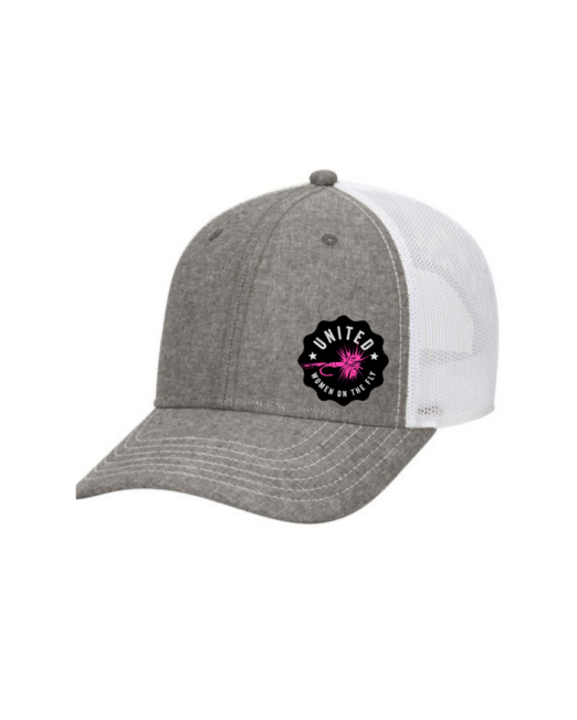 Charcoal Gray and White UWOTF Low Profile Structured Trucker Hat with Pink Logo